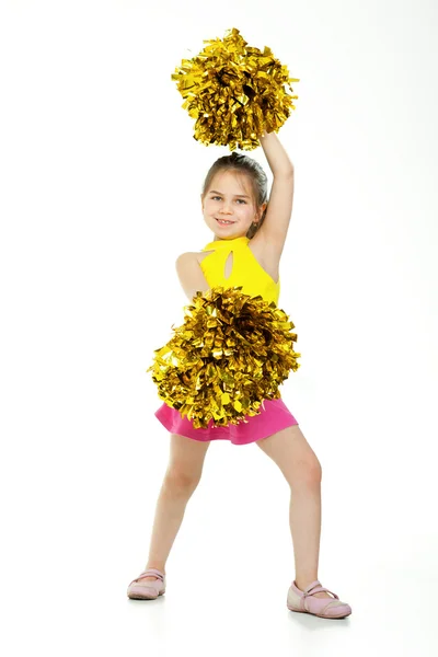 Bella cheerleader sorridente con pompon. Isolato su bianco — Foto Stock