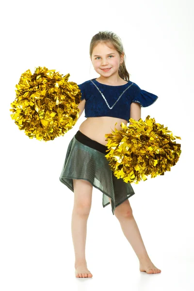 Smiling beautiful cheerleader with pompoms. Isolated on white — Stock Photo, Image