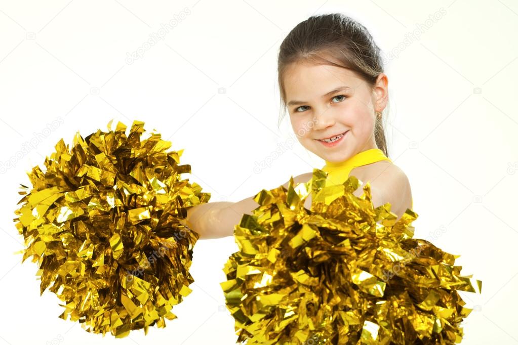 Smiling beautiful cheerleader with pompoms. Isolated on white