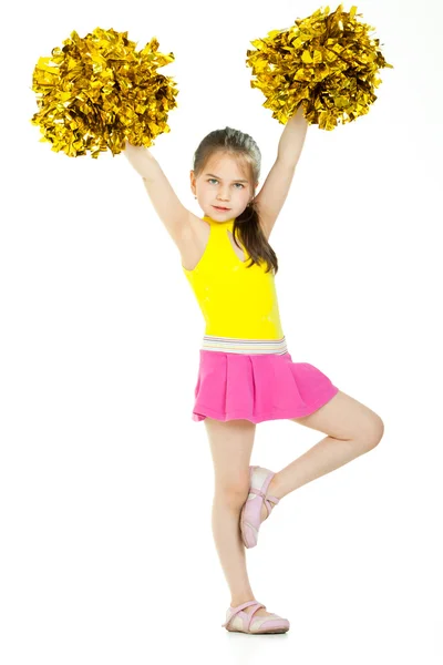 Smiling beautiful cheerleader with pompoms. Isolated on white — Stock Photo, Image