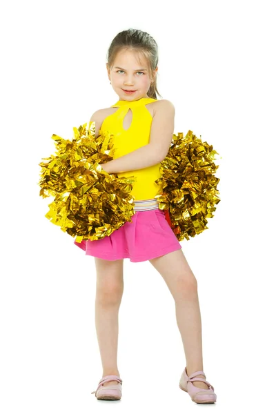 Bella cheerleader sorridente con pompon. Isolato su bianco — Foto Stock