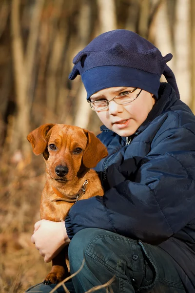 Felice bambina che gioca con il grande cane nella foresta in autunno — Foto Stock