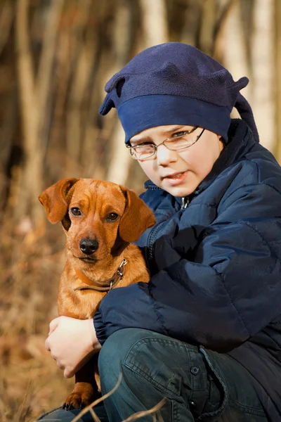 Sonbaharda büyük köpek ormandaki oynamaktan mutlu küçük kız — Stok fotoğraf