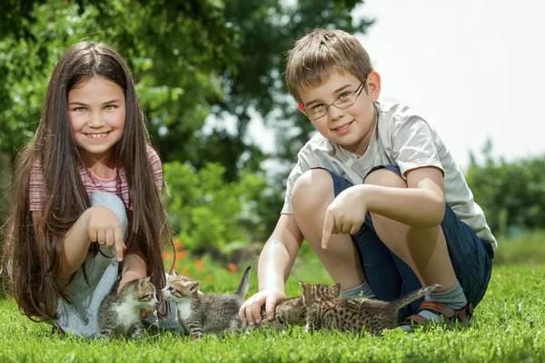 Happy children with a little cat — Stock Photo, Image