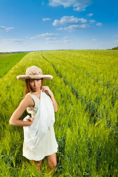 Linda senhora morena no campo de trigo ao pôr do sol — Fotografia de Stock