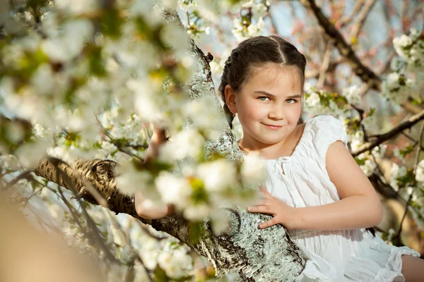 Cute dziewczynka gra na drzewo wczesną wiosną — Zdjęcie stockowe