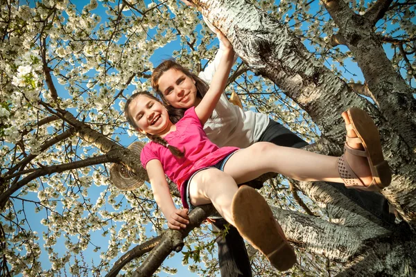 Cute little girl playing on tree in early spring — Stock Photo, Image