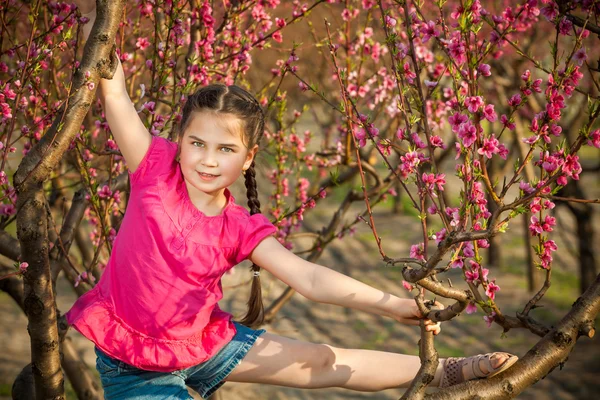 Menina bonito jogando na árvore no início da primavera — Fotografia de Stock