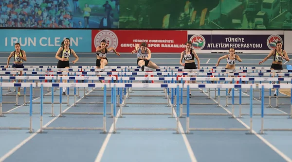 Istanbul Turkey February 2021 Athletes Running Metres Hurdles Turkish Indoor — Stock Photo, Image