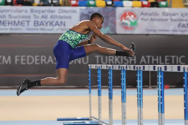 Istanbul Turkey February 2021 Athletes Running Metres Hurdles Turkish Athletic — Stock Photo, Image
