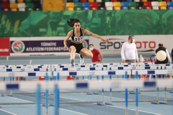 Istanbul Turkey February 2021 Undefined Athlete Running Metres Hurdles Turkish — Stock Photo, Image