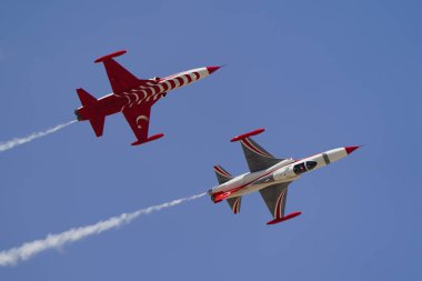 KONYA, TURKIYE - Temmuz 02, 2025: Türk Hava Kuvvetleri Kanadalı NF-5A Özgürlük Savaşçısı Türk Yıldızları Anadolu Kartal Hava Kuvvetleri Tatbikatı sırasında Konya Havalimanı 'nda sergilendi