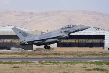 KONYA, TURKIYE - JULY 02, 2025: Qatar Air Force Eurofighter Typhoon EF2000 (ZR508) take-off from Konya Airport during Anatolian Eagle Air Force Exercise