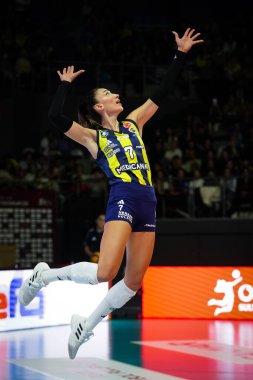 ISTANBUL, TURKIYE - 19 Ekim 2025: Hande Baladin, Burhan Felek Spor Salonu 'nda Türk Hava Yollari Sultanları Ligi' ne karşı oynadığı Fenerbahçe maçında görev yapıyor