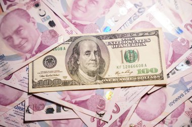 İzole edilmiş ve istiflenmiş 200 Trukish Lira ve 100 dolar.