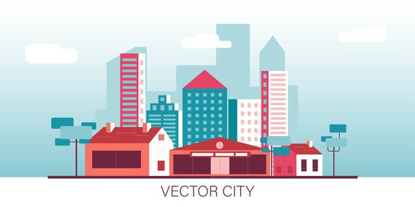 Urban landscape with modern buildings, skyscrapers and suburb with houses, Trees. Simple minimal geometric flat style with blue and red color theme.