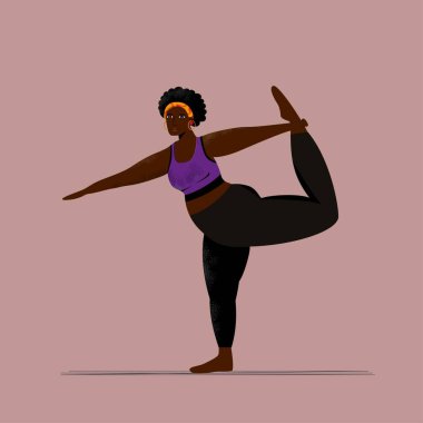 Genç çekici zenci kadın evde yoga yapıyor spor kıyafetleri giyiyor. Düz vektör illüstrasyonu