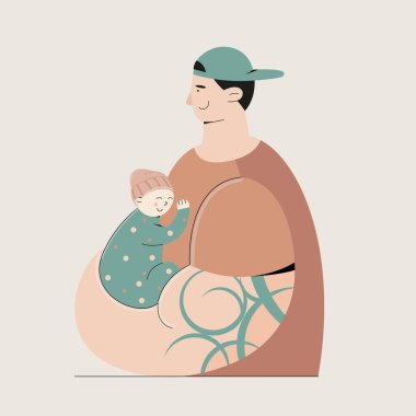 Şapkalı ve kolunda dövme olan genç bir baba bir bebek taşıyor. Vektör düz çizim. Babalar Günü..
