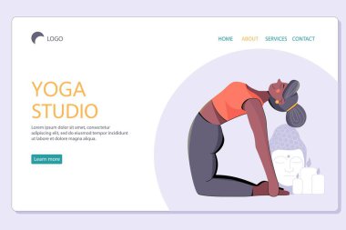 Yoga stüdyosunun web sayfası şablonu. Web sitesi ve mobil web sitesi için düz tasarım konsepti. Kadın yoga yapıyor, yoga yapıyor.. 