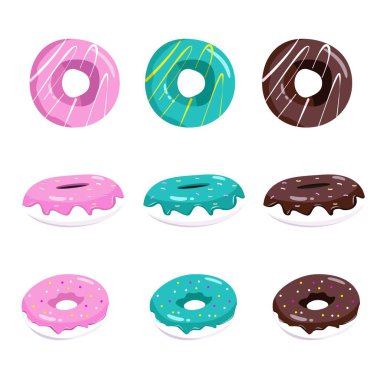 Çörekler, üst görüş ve yan görüş, beyaz arka planda izole edilmiş. Çikolata, jöle kaplı, pembe fast-food tatlıları. Çizim düz biçimli