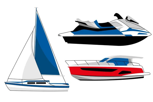 Motor Barco Barco Vela Vista Lateral Conjunto Icono Vector Conjunto — Vector de stock