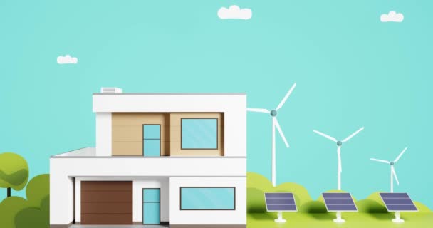 Zelená Energie Ekologický Moderní Dům Solární Panely Koncepce Větrné Turbíny — Stock video