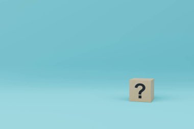 Bir tarafında soru işareti olan bir tahta zar, mavi arkaplanda gölge ve 3D kopyalama alanı ile yakın plan görüntülenir