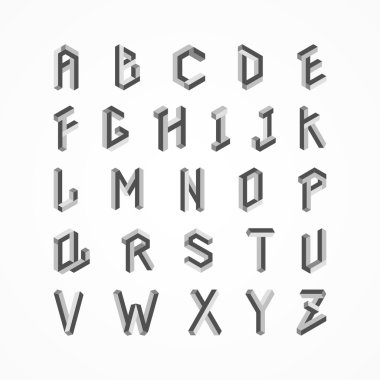 Vektör izometrik alfabe. Tasarım mektup, tipografi abc ayarı, karakter geometrik tipografik işaret illüstrasyon