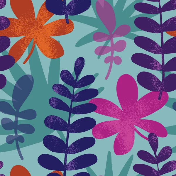 Modello senza cuciture con foglie tropicali disegnate, illustrazione botanica artistica colorata. Sfondo floreale. Moderna illustrazione botanica minimalista con texture. — Vettoriale Stock