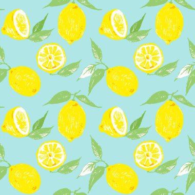 Limonlu kusursuz vektör deseni. Tekrarlanabilir arka plan olarak limon meyveleri ve yapraklar. Arkaplan için el yapımı narenciye meyveleri.