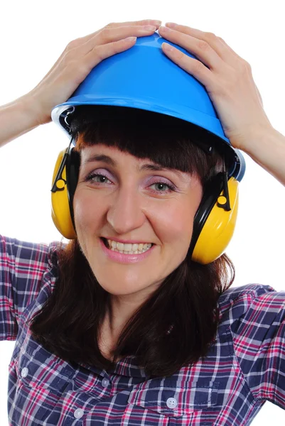 女人穿着防护头盔与耳机 — 图库照片