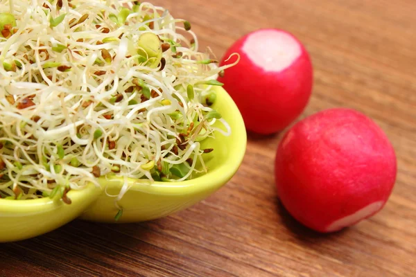 Bowl with alfalfa sprouts and radish on wooden table — Stock fotografie