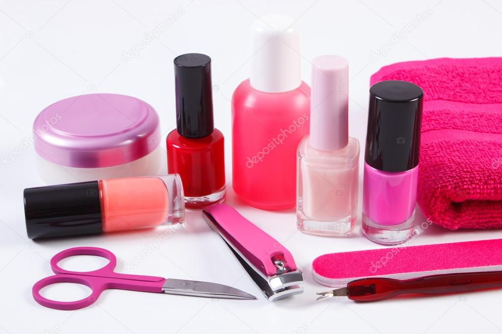 Cosmetics and set of manicure or pedicure tools, concept of nail care