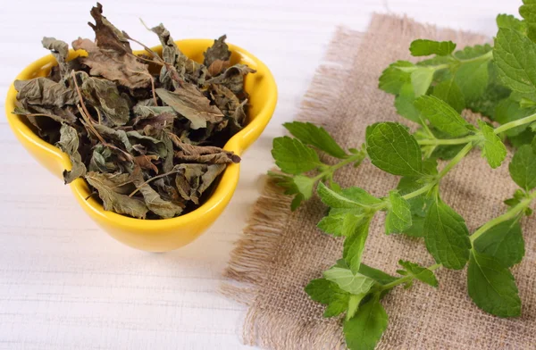 Fresh and dried lemon balm in bowl on wooden table, herbalism — Stock Photo, Image