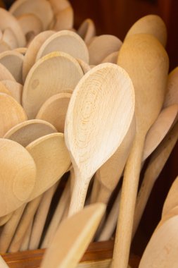 Wooden spoons on stall at the bazaar