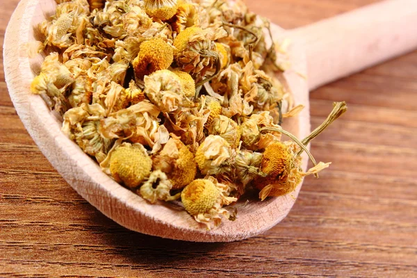 Dried chamomile on wooden spoon, alternative medicine — Stock Photo, Image