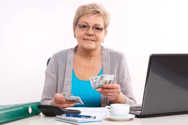 Elderly senior woman counting cash for utility bills at her home, financial security in old age