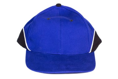 Blue baseball cap on white background, protection from sun