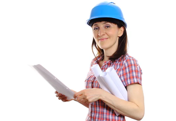 Construtor mulher no capacete de proteção com documentos — Fotografia de Stock