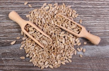 Ahşap zemin üzerine kaşıkla ayçiçeği tohumu