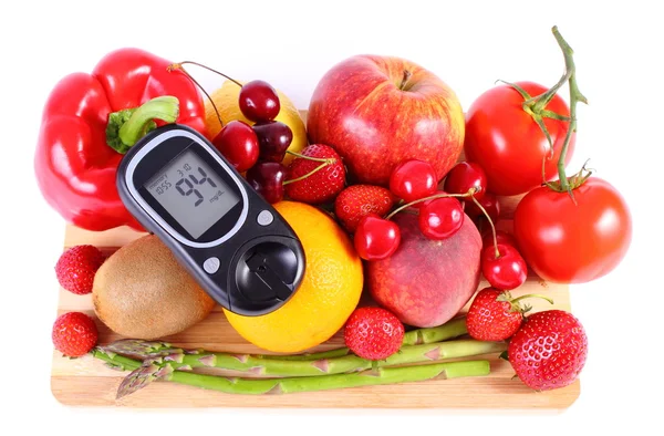 Blodsockermätare med frukt och grönsaker, hälsosam kost, diabetes — Stockfoto