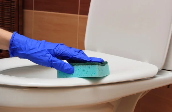 Рука женщины в синей перчатке, чистит унитаз — стоковое фото