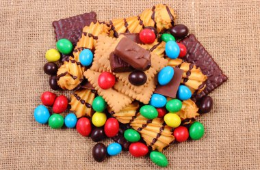 Sweets jüt çuval bezi, sağlıksız yiyecek bir sürü