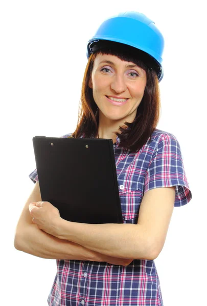 Woman holding documents and wearing protective blue helmet — Stock Photo, Image