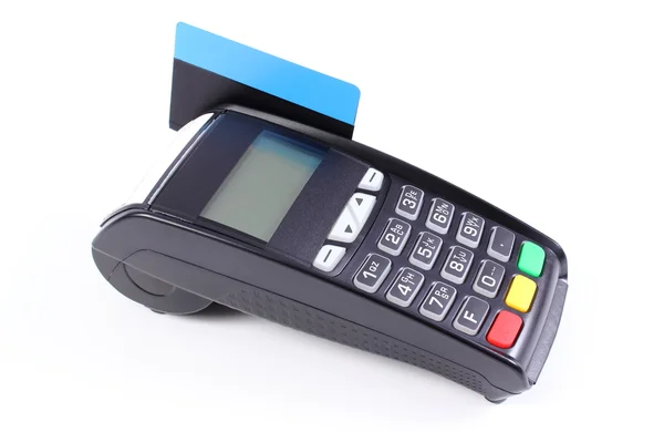 Payment terminal with credit card on white background, cashless paying for shopping, finance concept — Stock Photo, Image