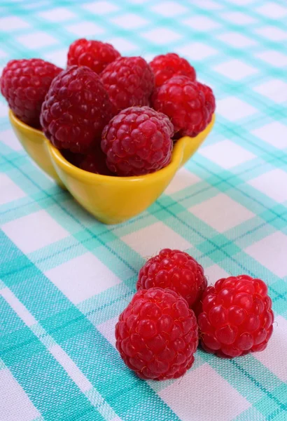 Verse frambozen op geruit tafelkleed, gezonde voeding — Stockfoto