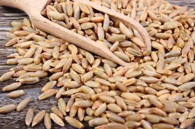 Ahşap zemin üzerine kaşıkla çavdar tahıl