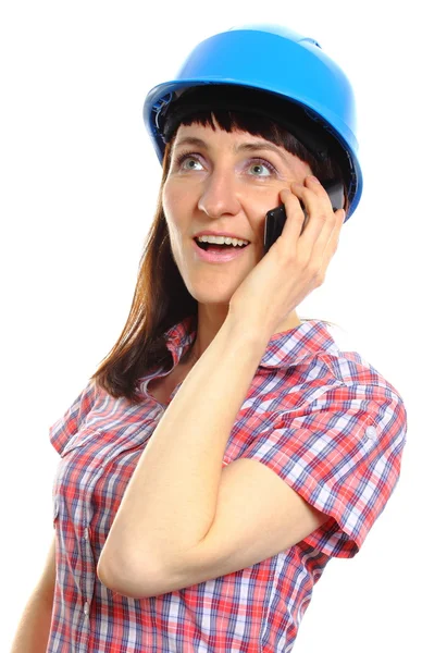 浅谈手机的防护头盔的生成器女人 — 图库照片
