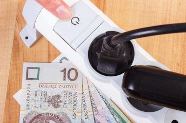 Elektrik güç uzatma kablosuna bağlı Tak ve Polonya para birimi para, enerji maliyetleri ile