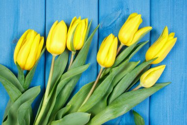 Mavi ahşap zemin üzerine taze Lale buketi